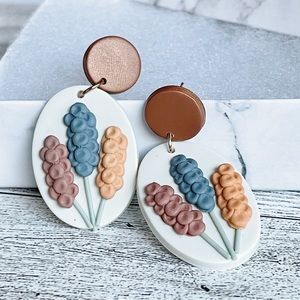 Bronze, White and Blue floral design polymer clay earrings dangle earrings